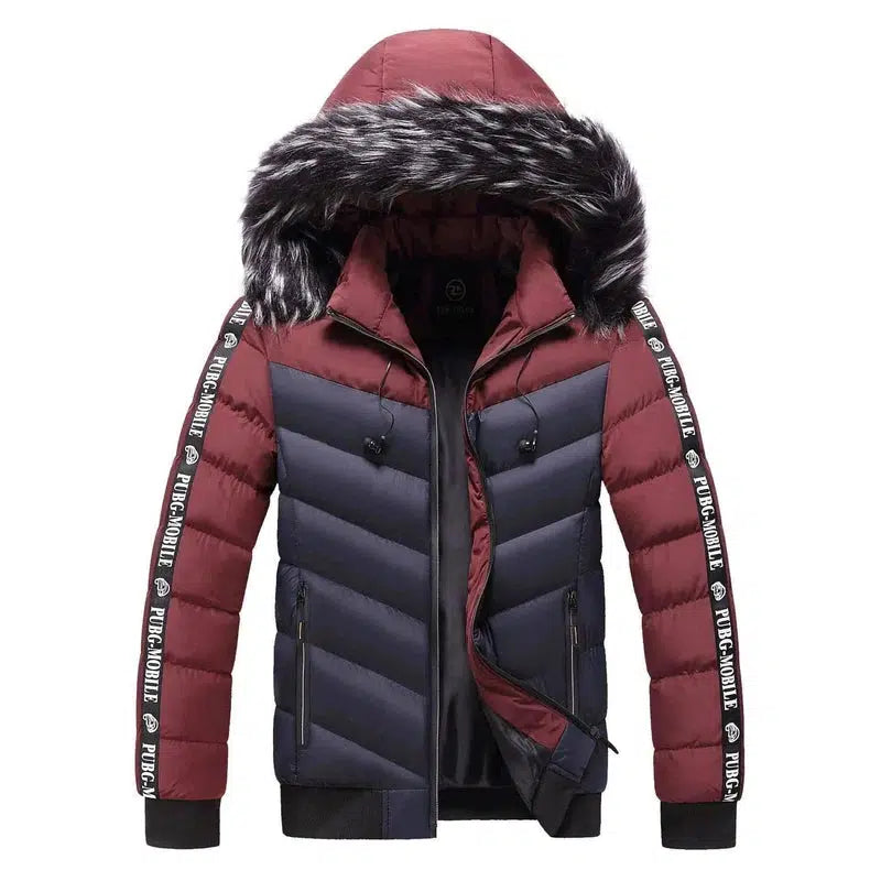 Men's Winter Fur Collar Cotton Padded Jacket-Blue red-3