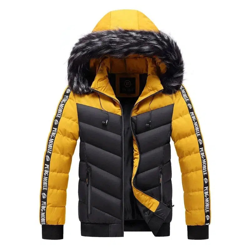 Men's Winter Fur Collar Cotton Padded Jacket-Black yellow-6