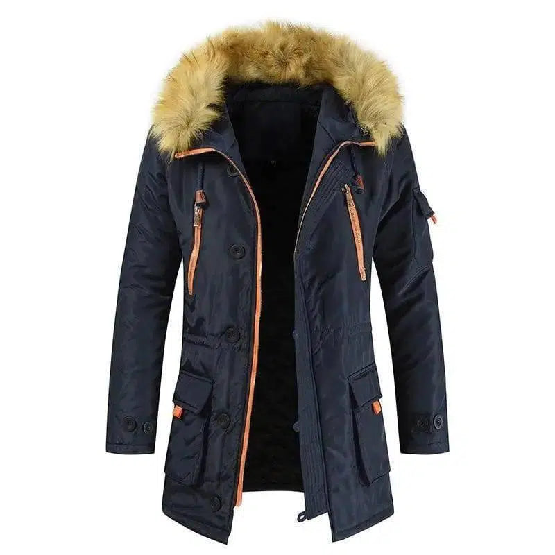 Mid-length Cotton-padded Jacket Men's Plus Velvet Thick Warm-Navy Blue-4