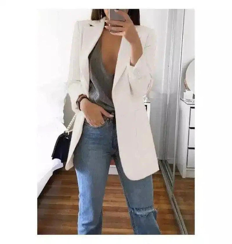 Office Lady Blazer Coats Lapel Long Sleeve Solid Cardigan-White-11