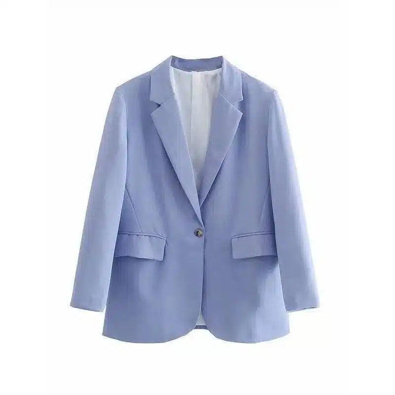 Classic Single-Button Blazer for Women-Blue-4