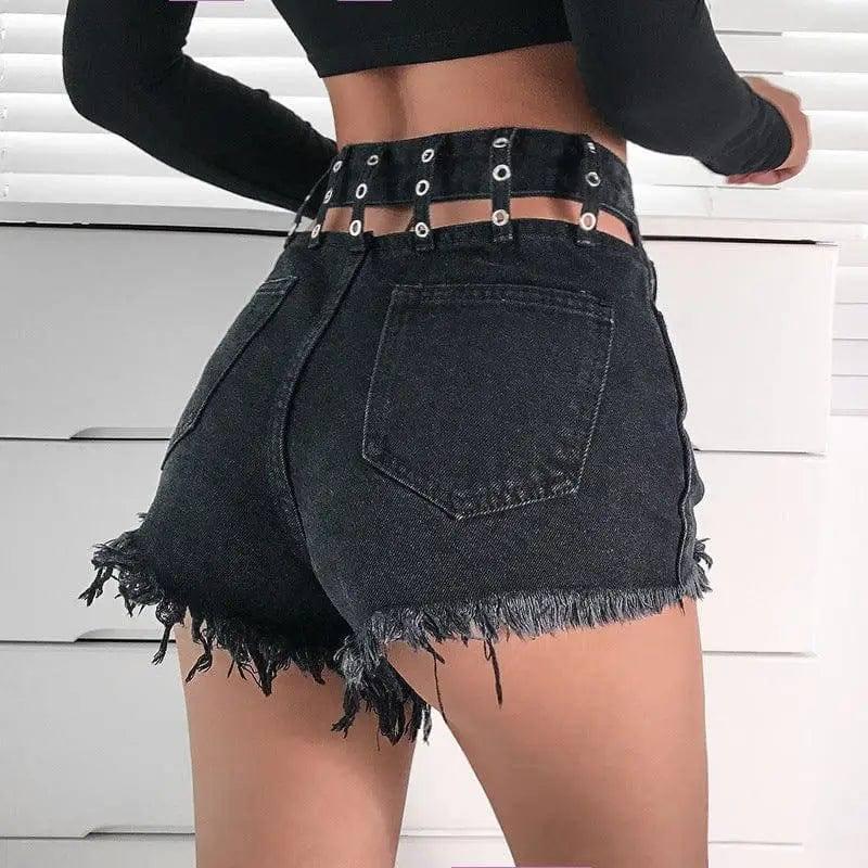 LOVEMI - Lovemi - Old hairskin high waist cutout denim shorts