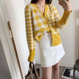 Women's Checkered V-Neck Cardigan with Buttons-yellow-1