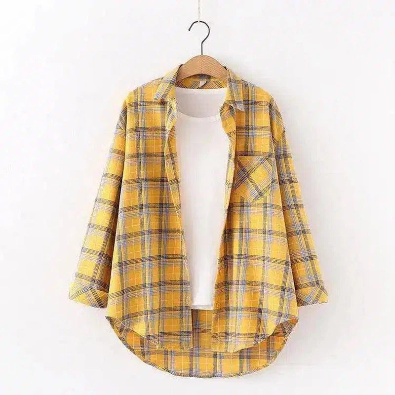 Plaid Cotton Casual Shirt with Pocket-Yellow-3