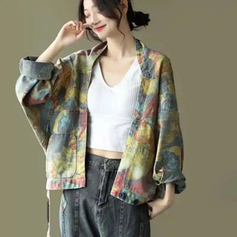 Floral Denim Cropped Jacket for Women-Colorful-4