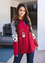 Striped Sleeve Cow Print Top-Red-3