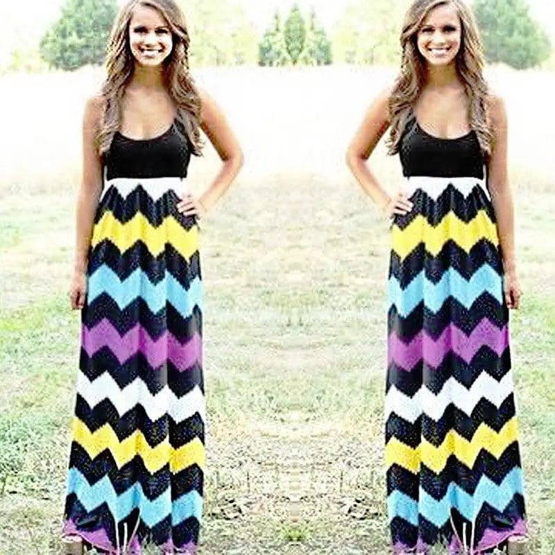 Printed Waves Stripe Long Skirt Dress-Black-18