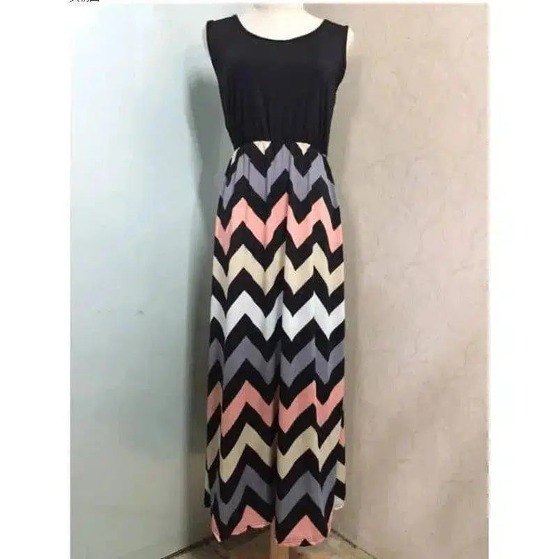 Printed Waves Stripe Long Skirt Dress-Blackpink-28