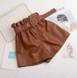 Pu female autumn and winter elastic waist high waist leather-Brown-5