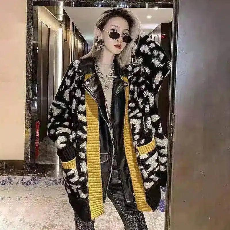 LOVEMI - Lovemi - PU leather lapel leopard sweater coat