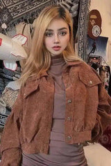 Women's Corduroy Button-Up Jacket-Brown-1