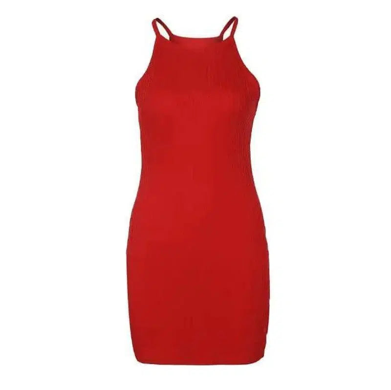 Ribbed small suspender dress-Red-19