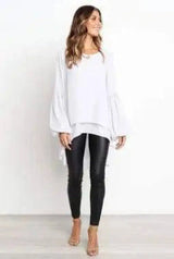 Round Neck Lantern Sleeve Irregular Ladies Top-White-2