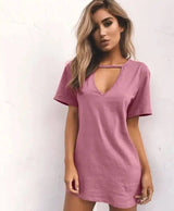 deep V short-sleeved T-shirt loose casual dress-11