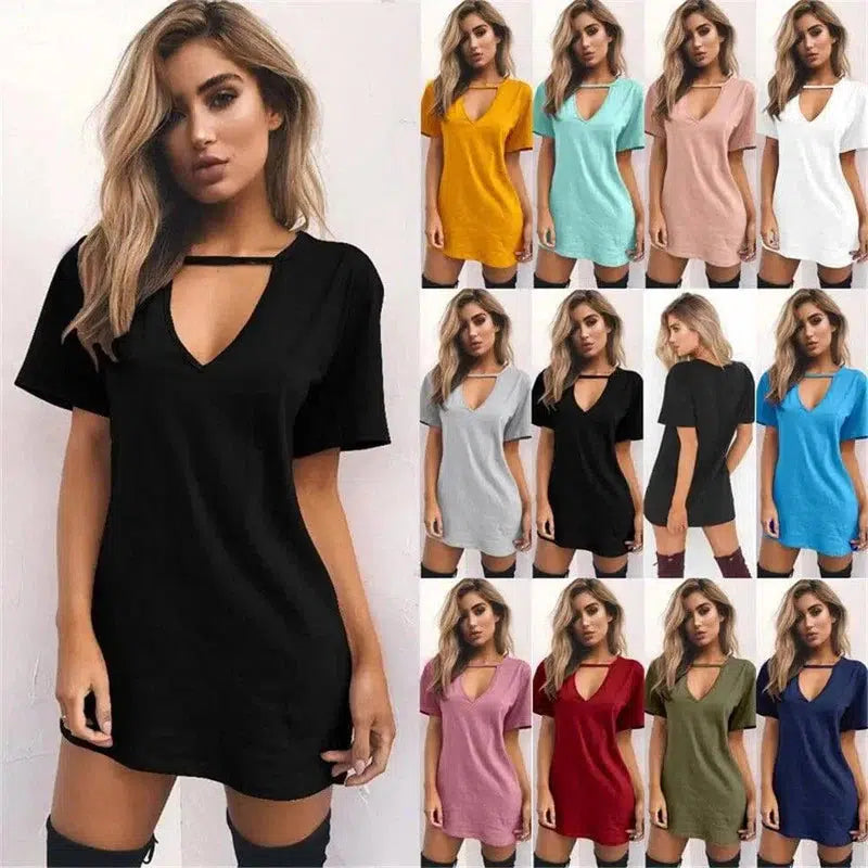 deep V short-sleeved T-shirt loose casual dress-2