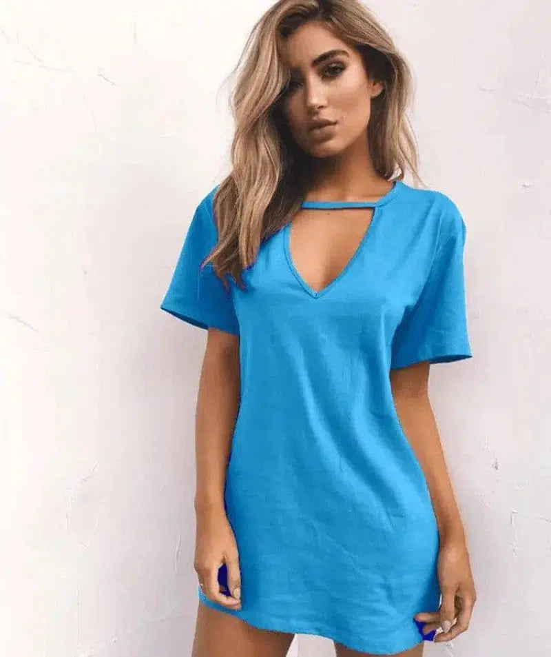 deep V short-sleeved T-shirt loose casual dress-Skyblue-50