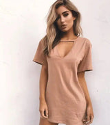 deep V short-sleeved T-shirt loose casual dress-Nudecolor-53