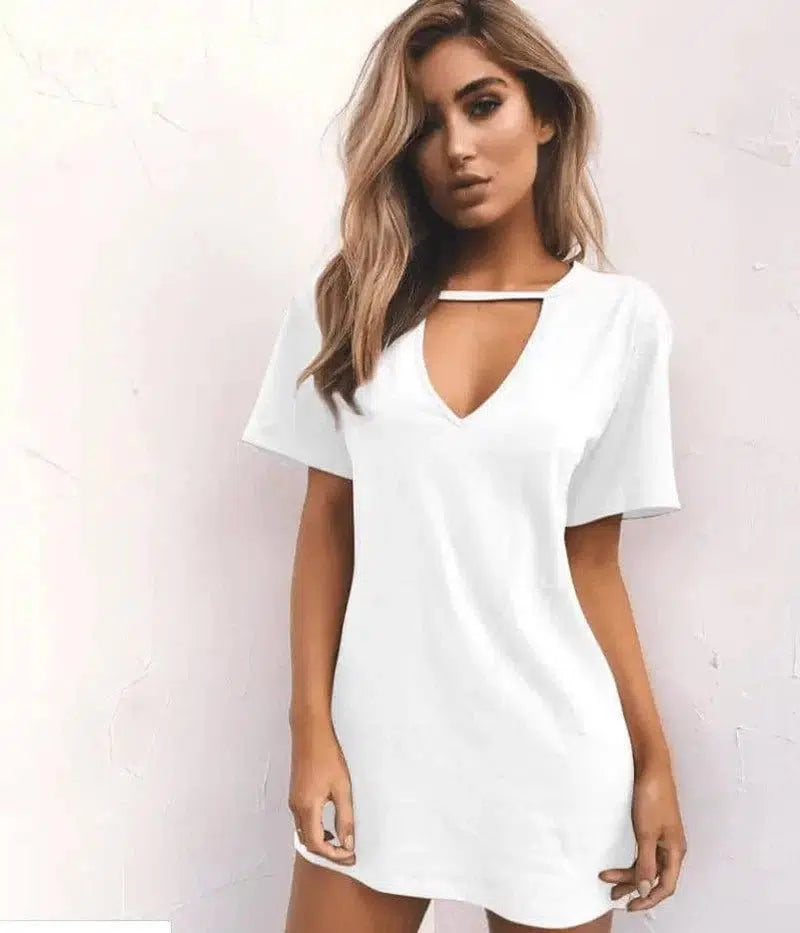 deep V short-sleeved T-shirt loose casual dress-white-78