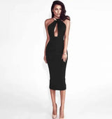 dress hanging neck nightclub bag hip skirt midi dress-Black-13