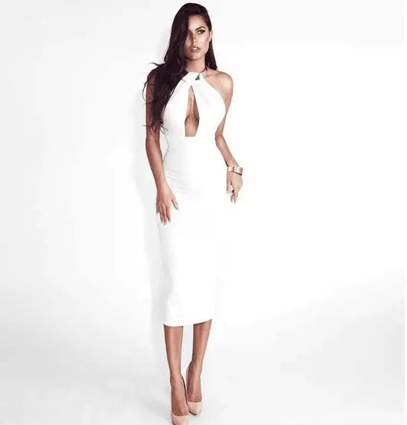 dress hanging neck nightclub bag hip skirt midi dress-White-9