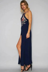 halter backless hand-embroidered split dress-blue-4