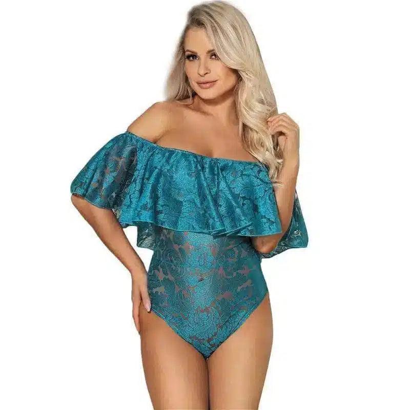 Off-Shoulder Lace Bodysuit – Elegant and Sexy-Blue-2