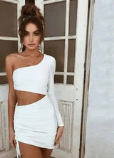 One Shoulder Cutout Long Sleeve Hip Dress-white-18