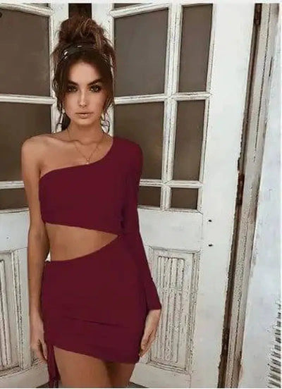 One Shoulder Cutout Long Sleeve Hip Dress-Claret-28