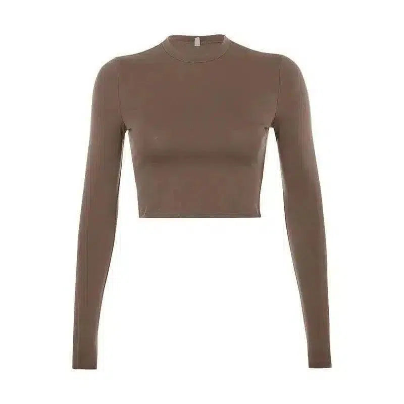 Fitted Long-Sleeve Crop Top for Women-Khaki-4