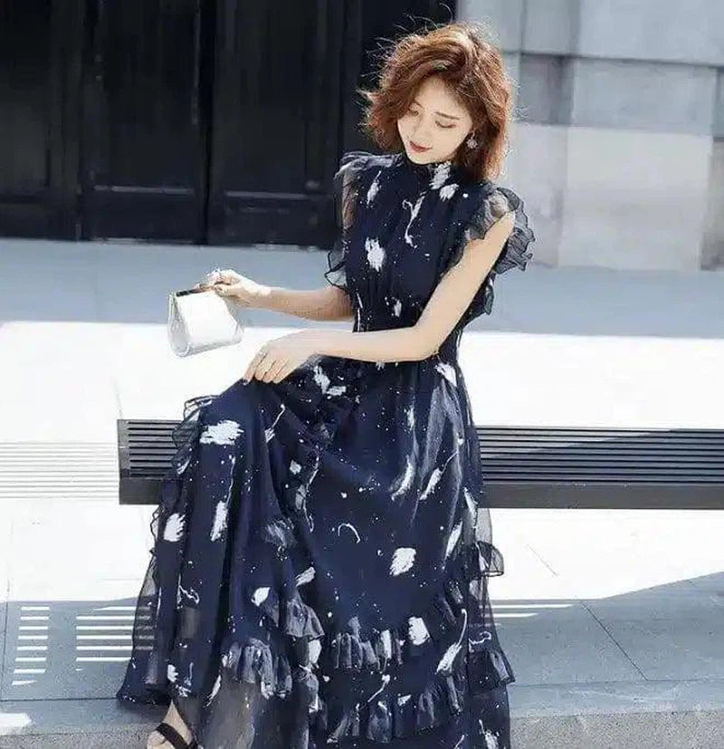 Sleeve Summer Short Sleeve Mid-long Dresses Fashion Lace-Blue-2