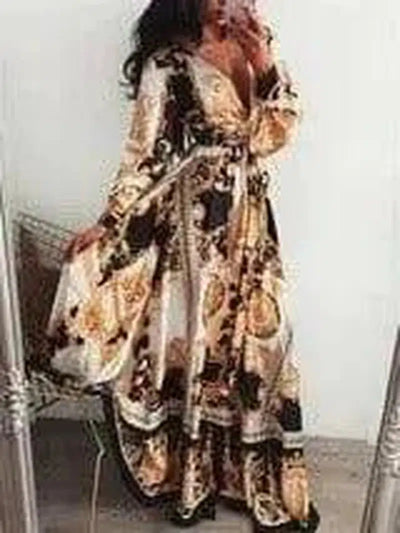 Slit Dress Printed V-neck Pullover Long Skirt-Picture4-14