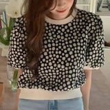 Floral Short-Sleeve Knit Sweater-Black-3