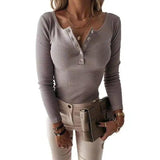 Womens Casual V-Neck Buttoned Knit Top-Grey-5