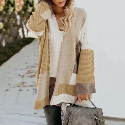 Women's Striped Open Front Knit Cardigan-Khaki-2