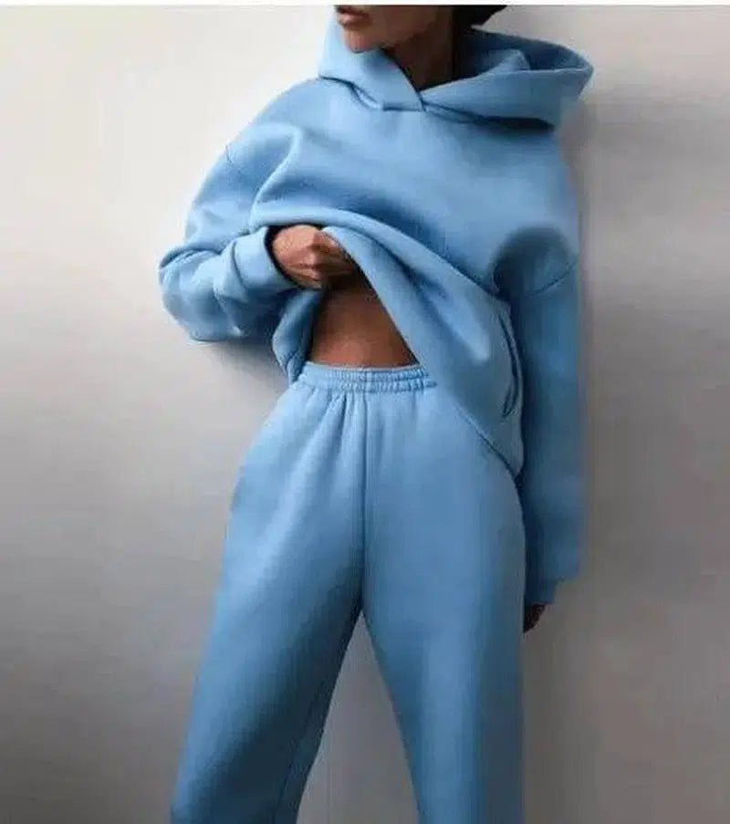 Spring Cross-border Women's Casual Hooded Sweater Two-piece-Blue-2