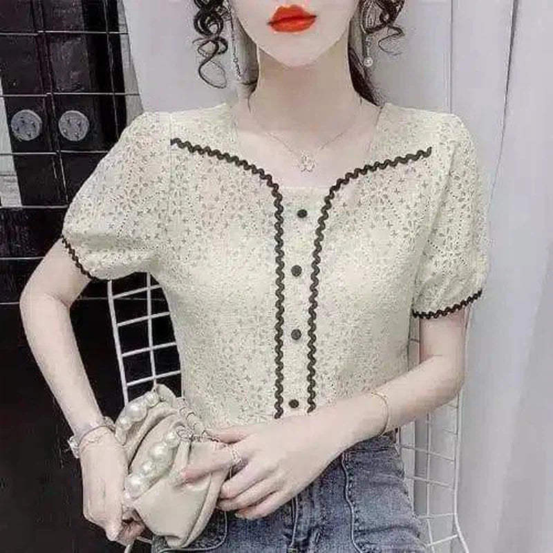 LOVEMI - Lovemi - Square collar design sweet lace shirt hook