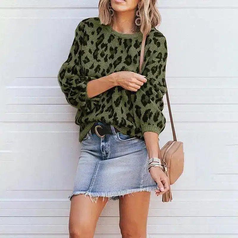 Women's Animal Print Sweater & Denim Skirt Combo-Army Green-3