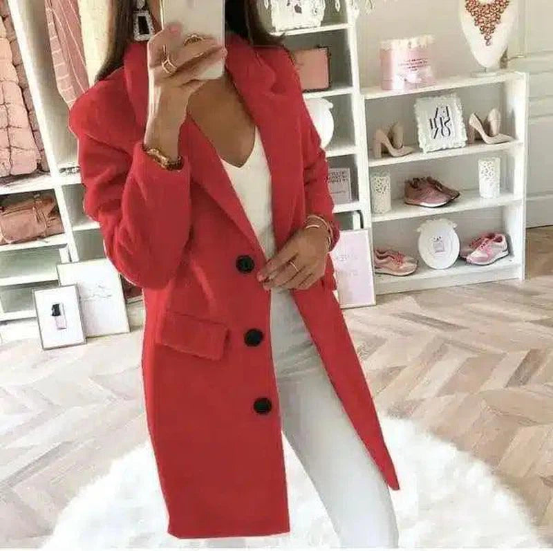 Womens Mid-Length Buttoned Coat-Red-4