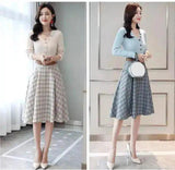 Woman's Knit Top and Plaid Midi Skirt Set-1