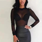 Long Sleeve Mesh Top Bodycon Midi Dress-Black-2