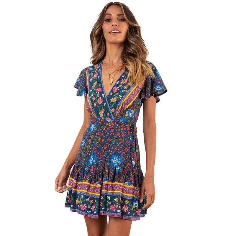 Lovemi - Summer V-neck sexy bohemian print dress skirt-Blackblue-57