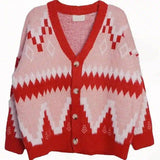 Women's Knit Cardigan with Geometric Pattern-Red-1