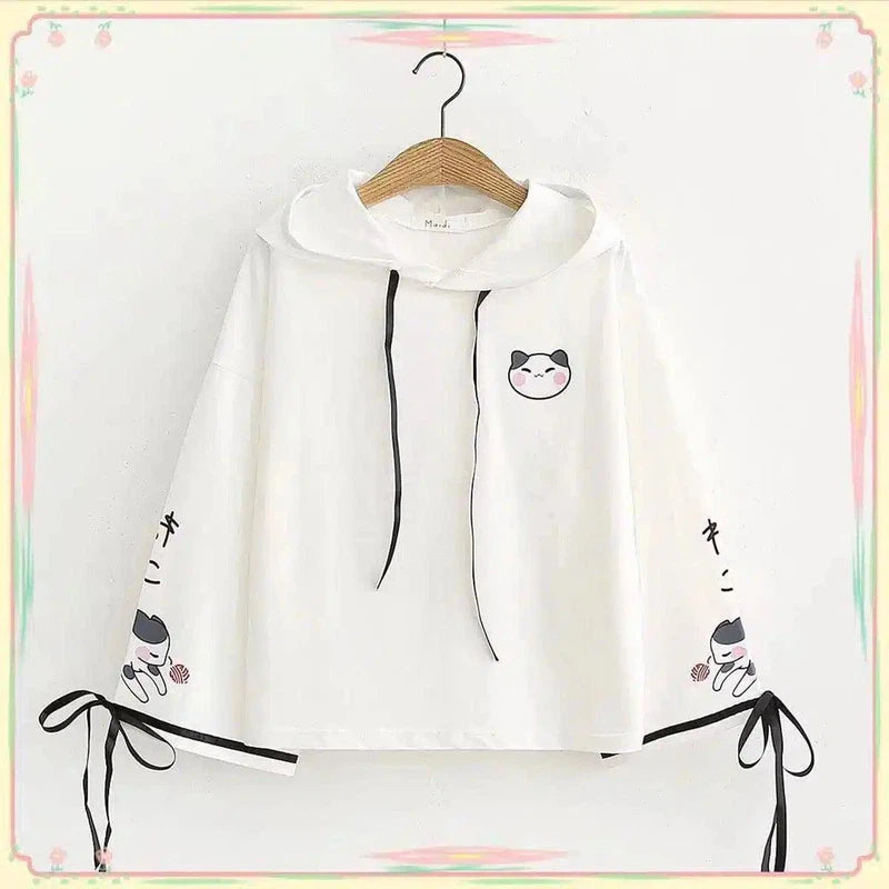 Hooded Cat-Print Casual Pullover Sweatshirt-White-2