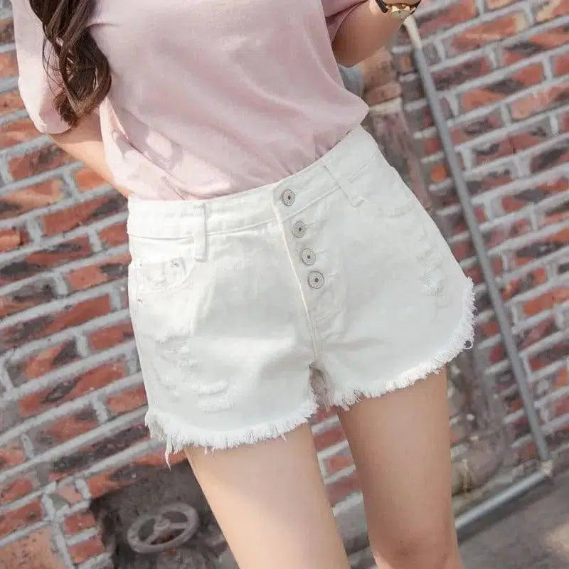 Tassel Cutoff Denim Shorts-White-8