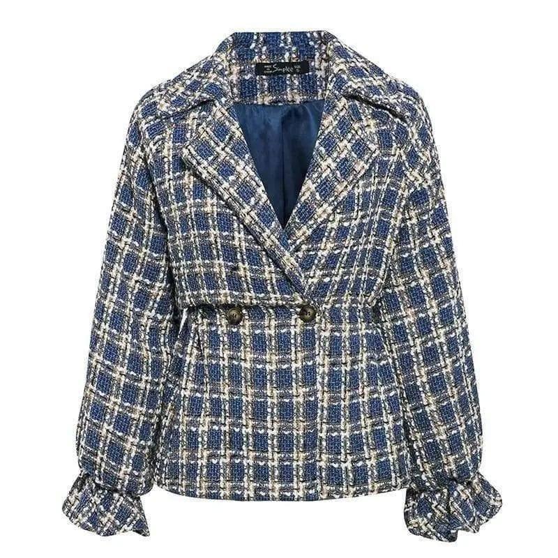 Tweed casual coat plaid-Blue-2