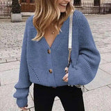 V-Neck Knit Sweater with Colorful Buttons-Light Blue-3