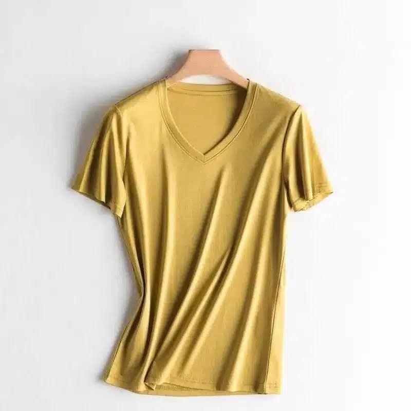 V-neck mercerized cotton T-shirt-Yellow-3