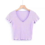 Women's Fitted V-Neck Ribbed Tee-Purple-4