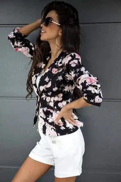 Women's Patterned Blazer and Leather Shorts Set-Black flower-3