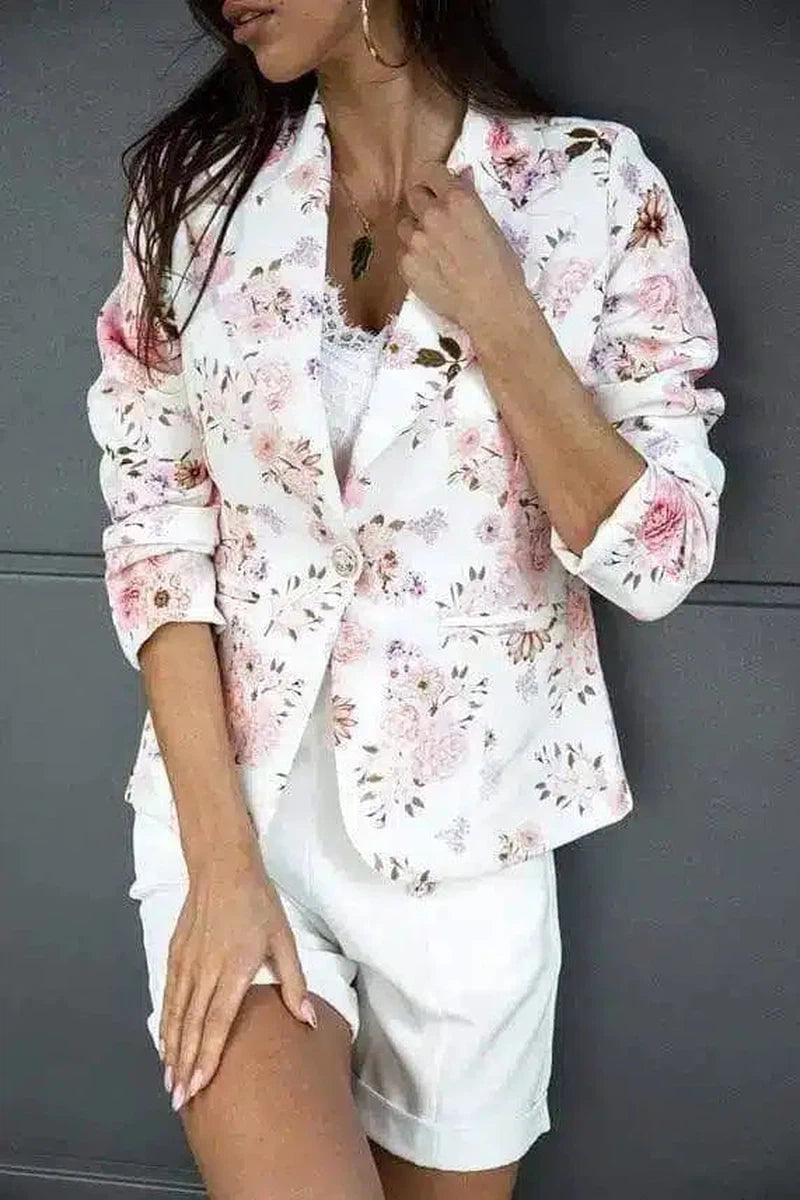 Women's Patterned Blazer and Leather Shorts Set-White flower-4